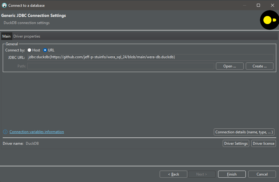 Finish the DuckDB connection setup by browsing for and selecting the database file