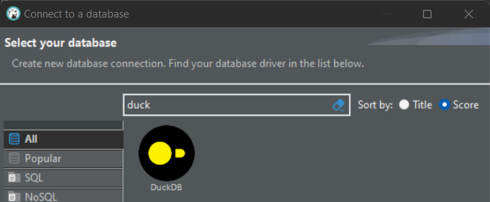 Image showing how to search for and select DuckDB database type